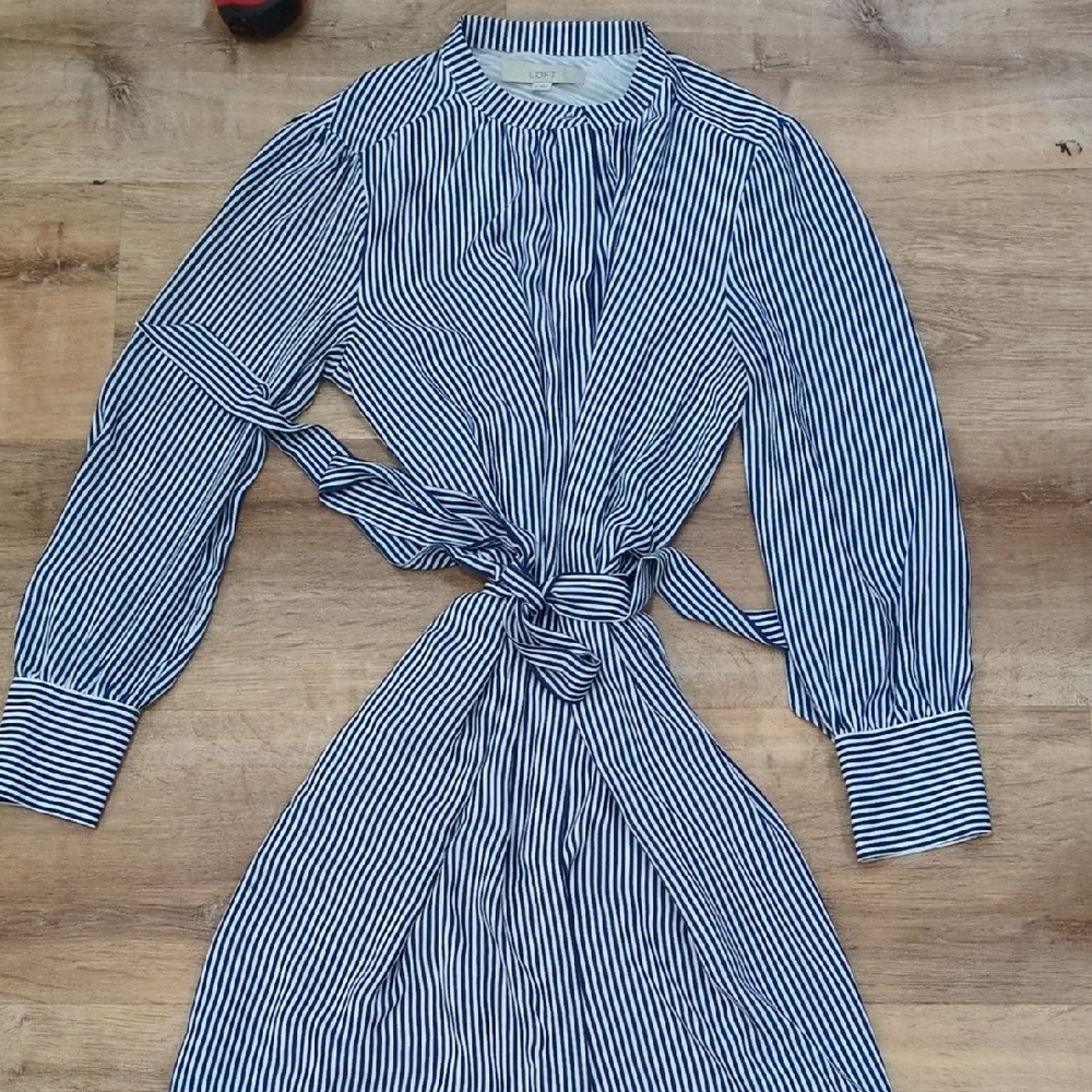 LOFT Navy and White Striped Long Sleeve Dress